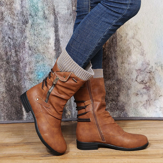 Mittelhohe Stiefel mit gestrickter Manschette und Reißverschluss